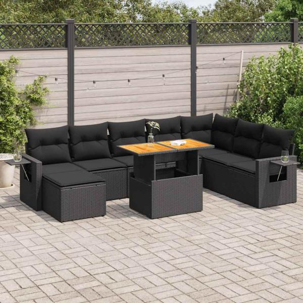 ARDEBO.de - 9-tlg. Garten-Sofagarnitur mit Kissen Schwarz Poly Rattan