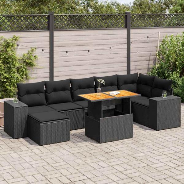 ARDEBO.de - 8-tlg. Garten-Sofagarnitur mit Kissen Schwarz Poly Rattan
