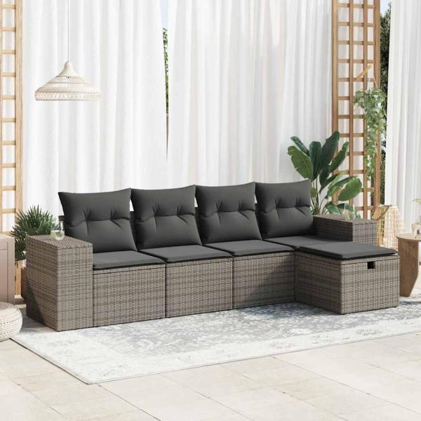 ARDEBO.de - 5-tlg. Garten-Sofagarnitur mit Kissen Grau Poly Rattan