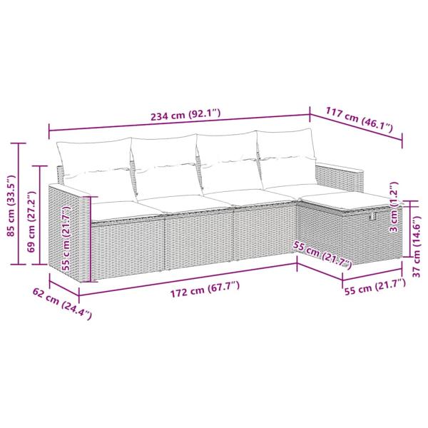 5-tlg. Garten-Sofagarnitur mit Kissen Grau Poly Rattan