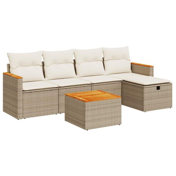 6-tlg. Garten-Sofagarnitur mit Kissen Beige Poly Rattan