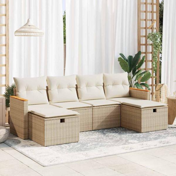 ARDEBO.de - 6-tlg. Garten-Sofagarnitur mit Kissen Beige Poly Rattan