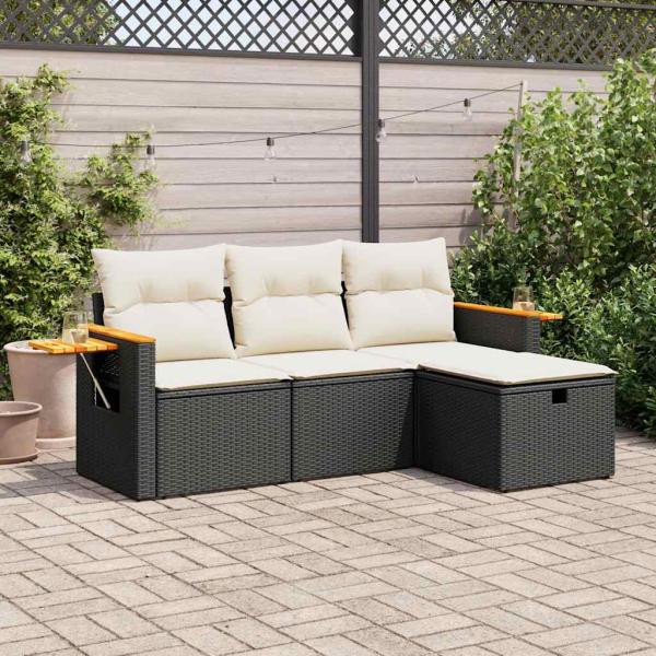 ARDEBO.de - 4-tlg. Garten-Sofagarnitur mit Kissen Schwarz Poly Rattan
