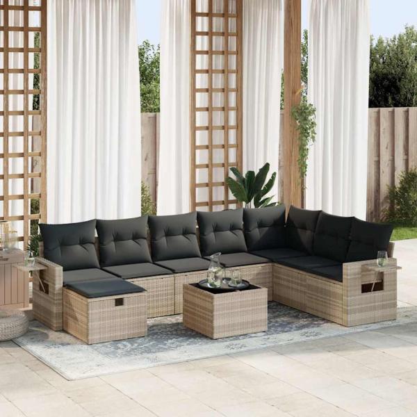 ARDEBO.de - 9-tlg. Garten-Sofagarnitur mit Kissen Hellgrau Poly Rattan