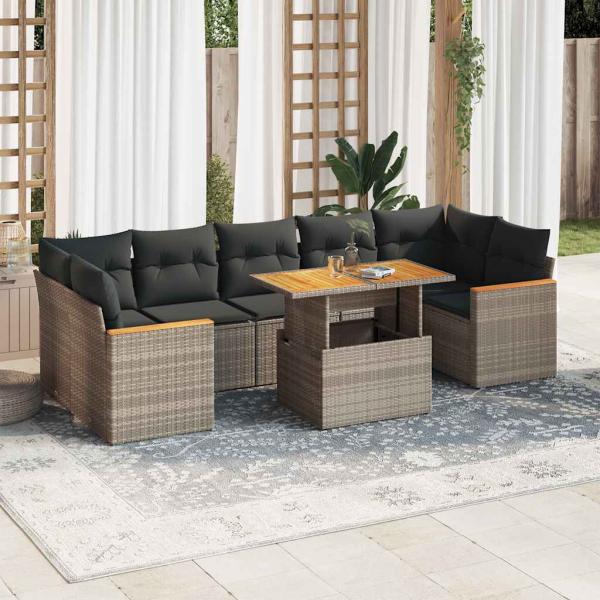 ARDEBO.de - 7-tlg. Garten-Sofagarnitur mit Kissen Grau Poly Rattan Akazie