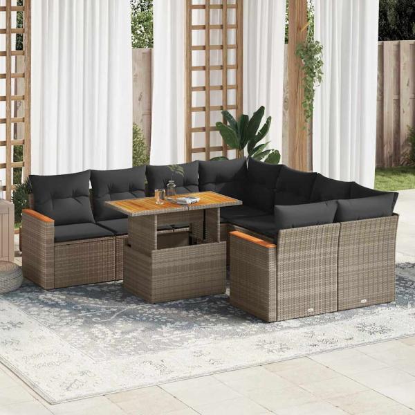 ARDEBO.de - 9-tlg. Garten-Sofagarnitur mit Kissen Grau Poly Rattan Akazie