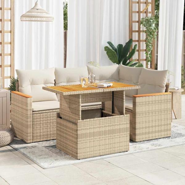 ARDEBO.de - 5-tlg. Garten-Sofagarnitur mit Kissen Beige Poly Rattan Akazie