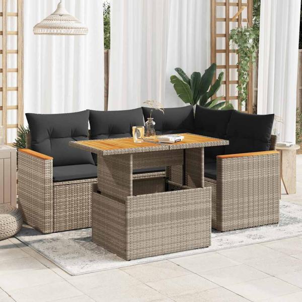 ARDEBO.de - 5-tlg. Garten-Sofagarnitur mit Kissen Grau Poly Rattan Akazie