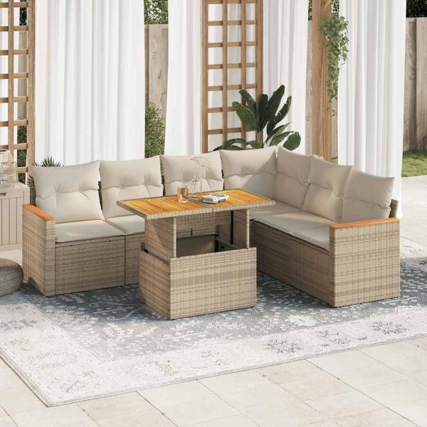ARDEBO.de - 7-tlg. Garten-Sofagarnitur mit Kissen Beige Poly Rattan Akazie