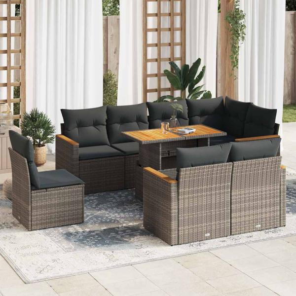 ARDEBO.de - 9-tlg. Garten-Sofagarnitur mit Kissen Grau Poly Rattan Akazie