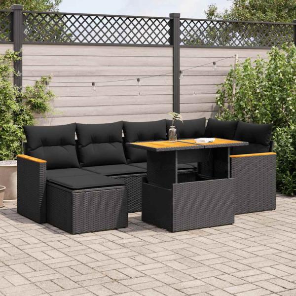 ARDEBO.de - 7-tlg. Garten-Sofagarnitur mit Kissen Schwarz Poly Rattan