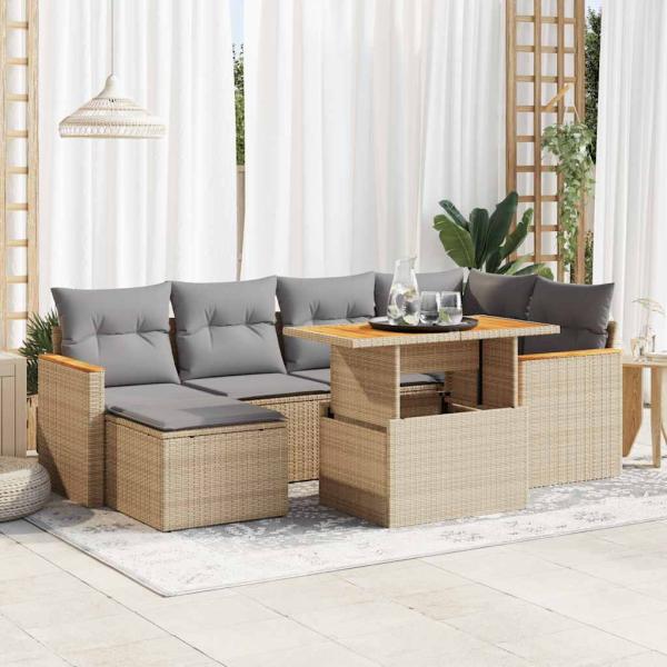 ARDEBO.de - 7-tlg. Garten-Sofagarnitur mit Kissen Beige Poly Rattan Akazie