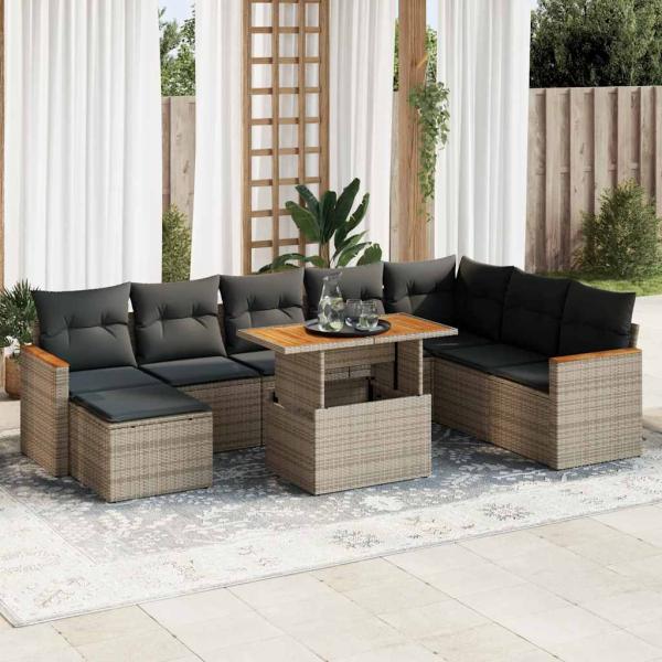 ARDEBO.de - 9-tlg. Garten-Sofagarnitur mit Kissen Grau Poly Rattan Akazie