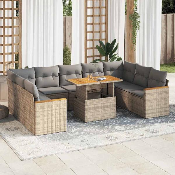 ARDEBO.de - 10-tlg. Garten-Sofagarnitur mit Kissen Beige Poly Rattan Akazie