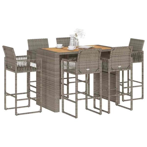 ARDEBO.de - 7-tlg. Gartenbar-Set ohne Kissen Grau Poly Rattan Akazie