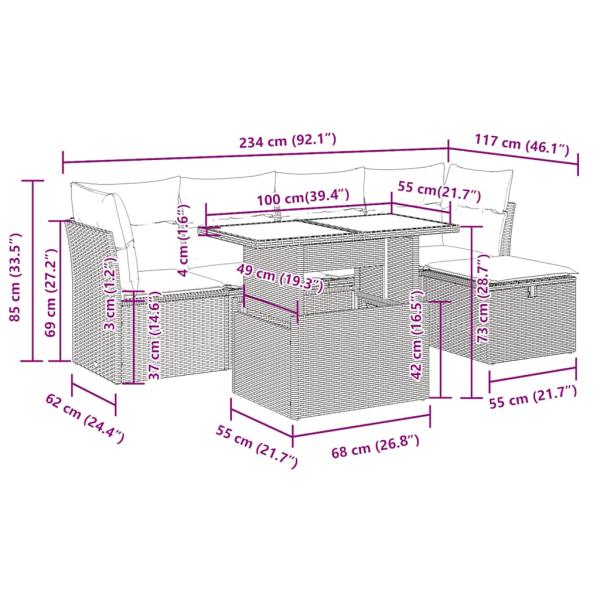 6-tlg. Garten-Sofagarnitur mit Kissen Schwarz Poly Rattan