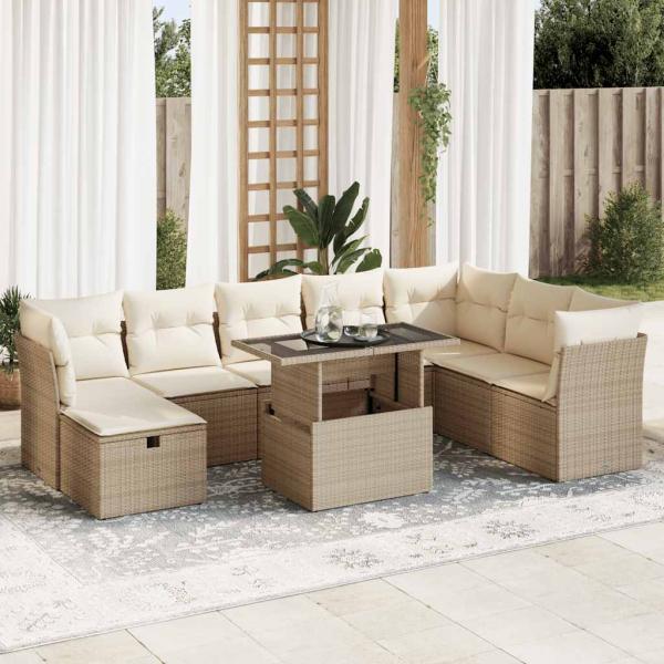 ARDEBO.de - 9-tlg. Garten-Sofagarnitur mit Kissen Beige Poly Rattan