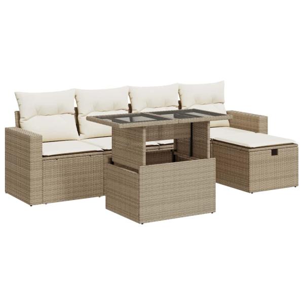 6-tlg. Garten-Sofagarnitur mit Kissen Beige Poly Rattan