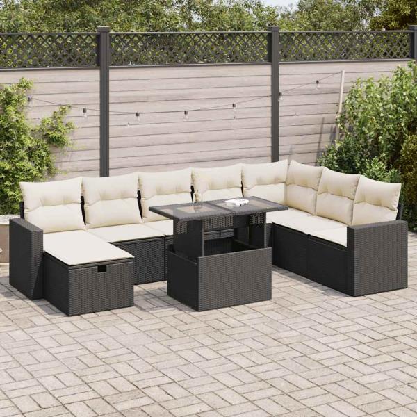 ARDEBO.de - 9-tlg. Garten-Sofagarnitur mit Kissen Schwarz Poly Rattan