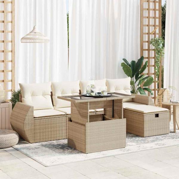 ARDEBO.de - 6-tlg. Garten-Sofagarnitur mit Kissen Beige Poly Rattan