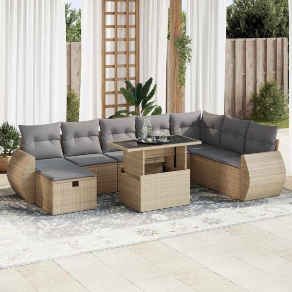 ARDEBO.de - 9-tlg. Garten-Sofagarnitur mit Kissen Beige Poly Rattan