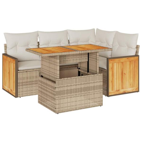 5-tlg. Garten-Sofagarnitur mit Kissen Beige Poly Rattan Akazie