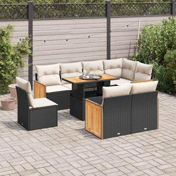 ARDEBO.de - 9-tlg. Garten-Sofagarnitur mit Kissen Schwarz Poly Rattan