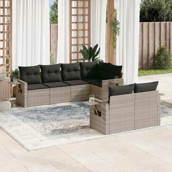 ARDEBO.de - 7-tlg. Garten-Sofagarnitur mit Kissen Hellgrau Poly Rattan