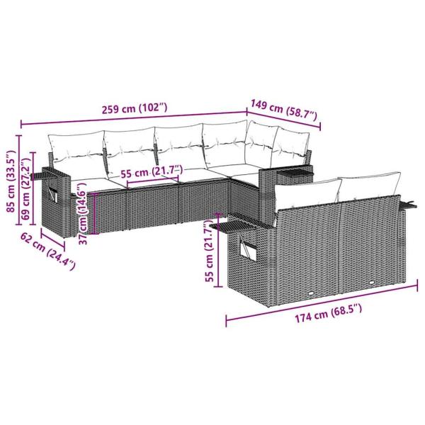 7-tlg. Garten-Sofagarnitur mit Kissen Hellgrau Poly Rattan