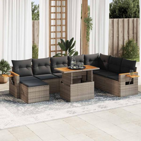 ARDEBO.de - 7-tlg. Garten-Sofagarnitur mit Kissen Grau Poly Rattan Akazie