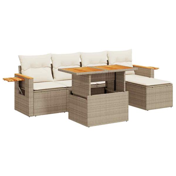 7-tlg. Garten-Sofagarnitur mit Kissen Beige Poly Rattan Akazie