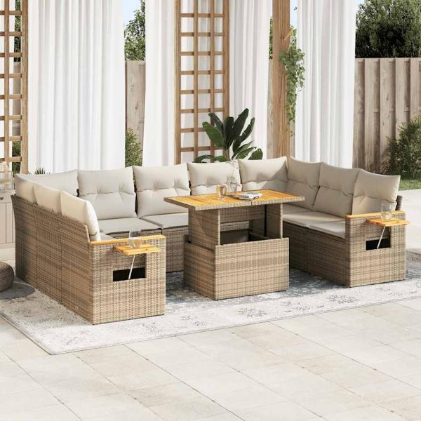 ARDEBO.de - 10-tlg. Garten-Sofagarnitur mit Kissen Beige Poly Rattan Akazie