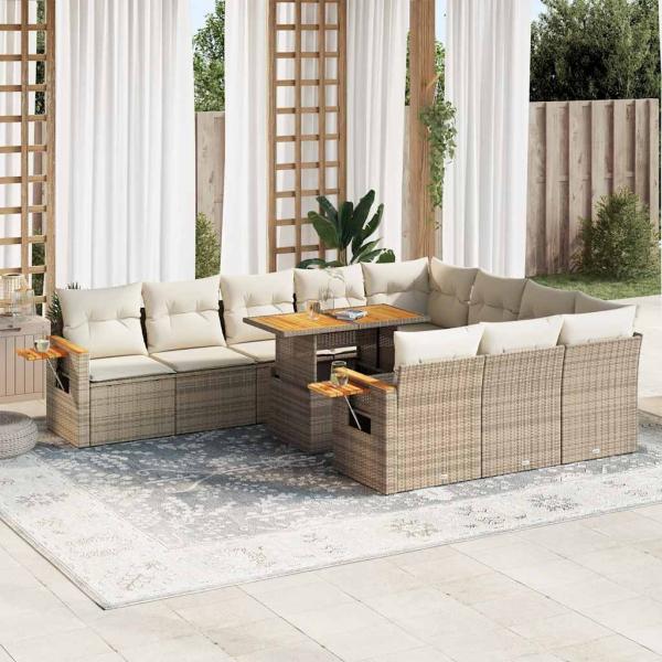 ARDEBO.de - 10-tlg. Garten-Sofagarnitur mit Kissen Beige Poly Rattan Akazie
