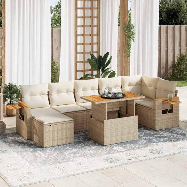 ARDEBO.de - 8-tlg. Garten-Sofagarnitur mit Kissen Beige Poly Rattan Akazie