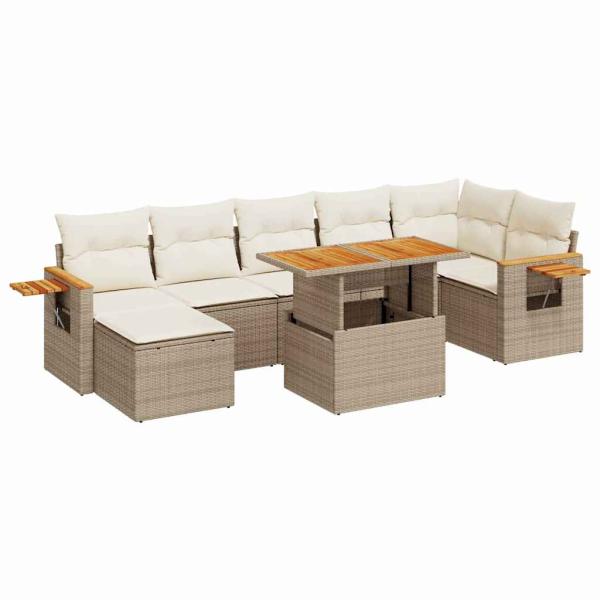 8-tlg. Garten-Sofagarnitur mit Kissen Beige Poly Rattan Akazie