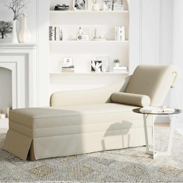 Chaiselongue mit Nackenrolle und Rechter Armlehne Creme Samt