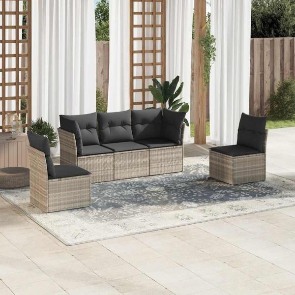 ARDEBO.de - 5-tlg. Garten-Sofagarnitur mit Kissen Hellgrau Poly Rattan