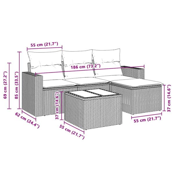 5-tlg. Garten-Sofagarnitur mit Kissen Hellgrau Poly Rattan