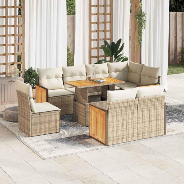 ARDEBO.de - 9-tlg. Garten-Sofagarnitur mit Kissen Beige Poly Rattan Akazie