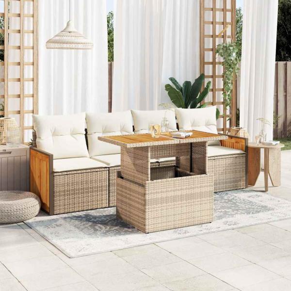 ARDEBO.de - 5-tlg. Garten-Sofagarnitur mit Kissen Beige Poly Rattan Akazie