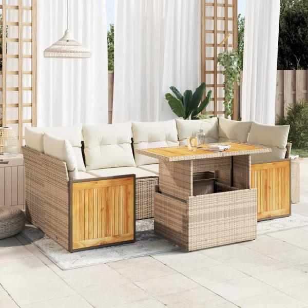 ARDEBO.de - 7-tlg. Garten-Sofagarnitur mit Kissen Beige Poly Rattan Akazie