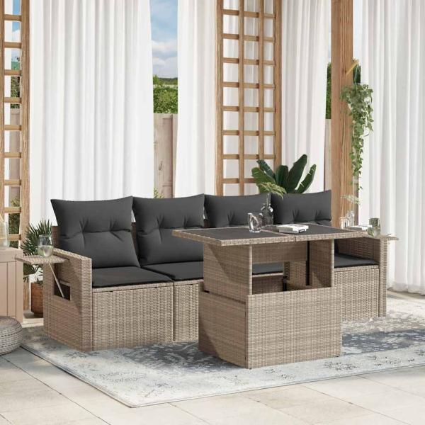 ARDEBO.de - 5-tlg. Garten-Sofagarnitur mit Kissen Hellgrau Poly Rattan