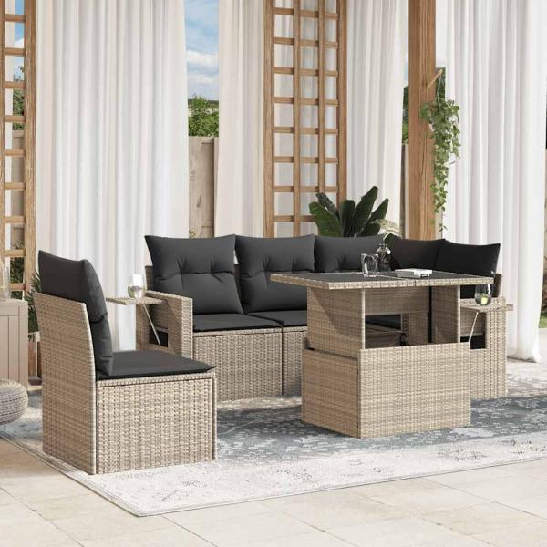 ARDEBO.de - 6-tlg. Garten-Sofagarnitur mit Kissen Hellgrau Poly Rattan