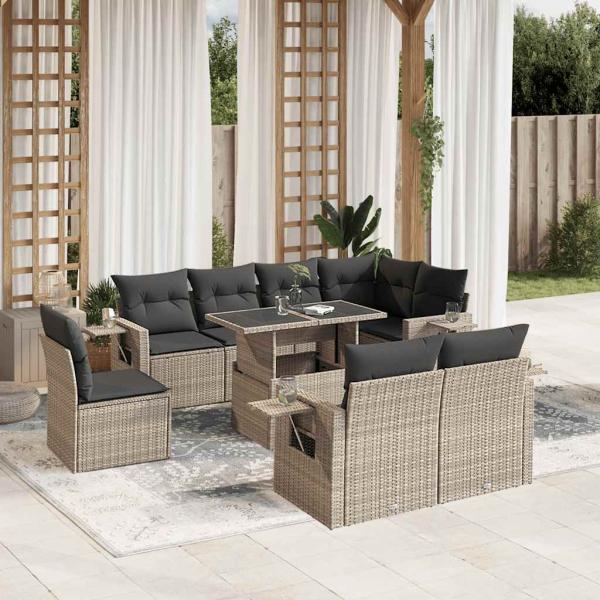 ARDEBO.de - 9-tlg. Garten-Sofagarnitur mit Kissen Hellgrau Poly Rattan