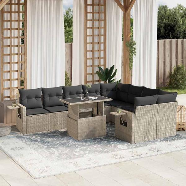 ARDEBO.de - 10-tlg. Garten-Sofagarnitur mit Kissen Hellgrau Poly Rattan