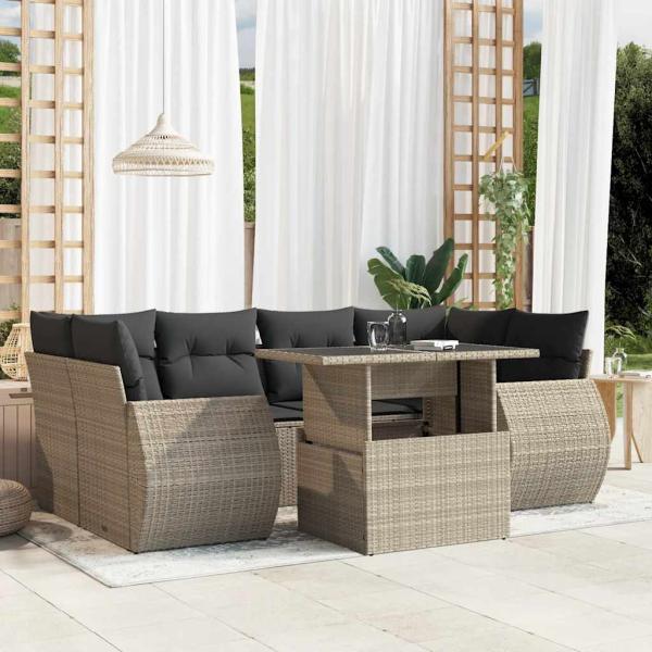 ARDEBO.de - 7-tlg. Garten-Sofagarnitur mit Kissen Hellgrau Poly Rattan