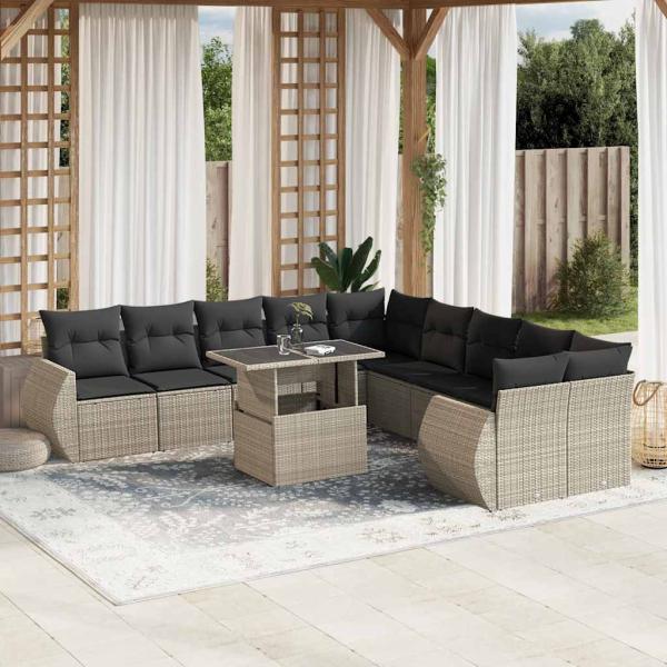 ARDEBO.de - 11-tlg. Garten-Sofagarnitur mit Kissen Hellgrau Poly Rattan