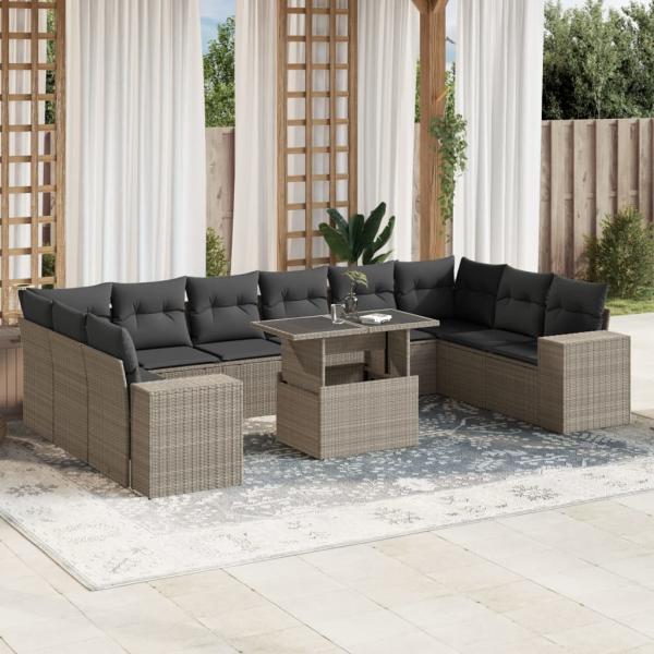 ARDEBO.de - 11-tlg. Garten-Sofagarnitur mit Kissen Hellgrau Poly Rattan