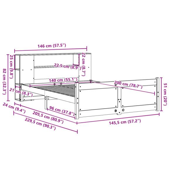Massivholzbett mit Regal ohne Matratze Weiß 140x200 cm Kiefer