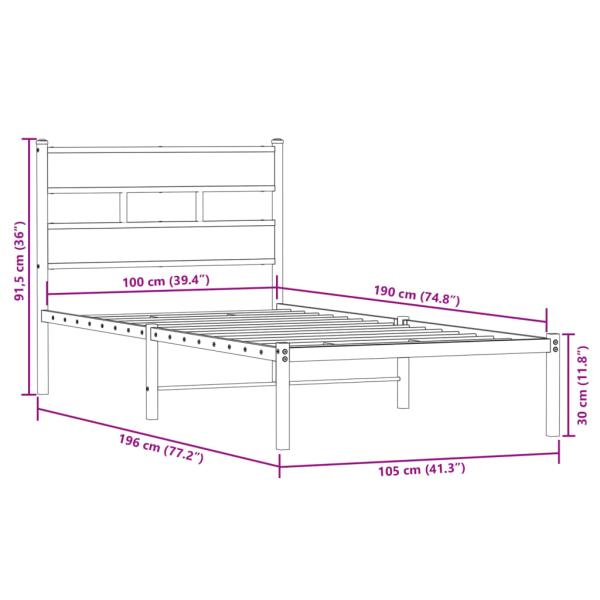 Metallbett ohne Matratze Räuchereiche 100x190 cm